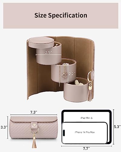 VLANDO Travel Jewelry Organizer, 3 Tier Roll Up Design, Hard Shell Storage - color: Grey&Khaki