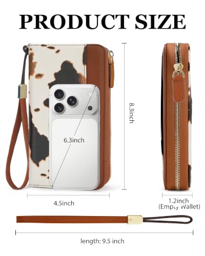 Large Wallet for Women, Clutch Wallet with Passport Holder - color: Brown Cow