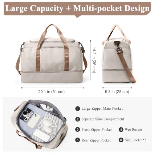 Travel Duffle Bag with Shoes Compartment,Carry-On Weekender Bags for Women - color: Beige & Brown, size: Large