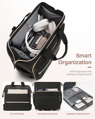 Rolling Puffer Backpack for Women, Travel Backpack with Wheels, 16 Inch Wheeled Laptop Backpck, Dual-Opening Design Overnight College Underseat Carry on Luggage, Roller Business Work Bag, Black - color: Horizontal Quilt Black