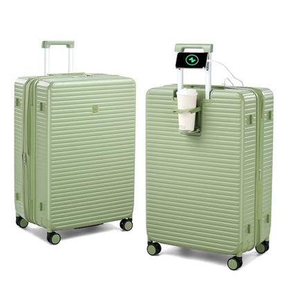 HanTrip Hard Case 28 Inch Large Checked Luggage with Wheels, Bamboo Green - color: Bamboo Green, size: Expandable 28 Inch