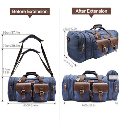 Wildroad Canvas Duffle Bag - 60L Expandable Weekender Overnight Travel Bag - color: Blue, size: X Large-60L Duffle Bag