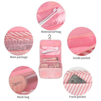 Hanging Toiletry Bag Travel Waterproof Makeup Organizer(Pink Stripe) - color: Pink Stripe