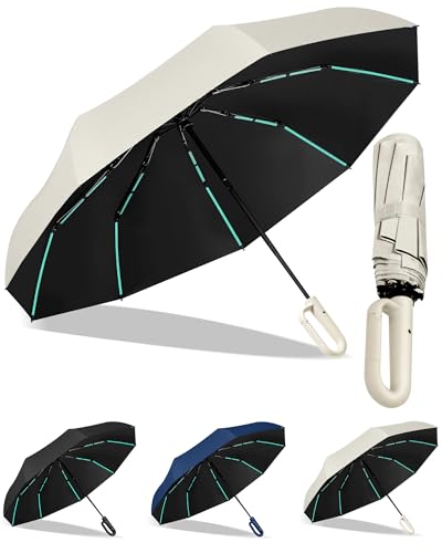 ADOV 10 Alloy Shafts & 20 Reinforced Fiberglass Ribs Heavy-Duty Windproof, Storm-Proof Automatic Open/Close Umbrella with Carabiner Handle for Rain and Strong Wind, Compact Travel Umbrella - color: white