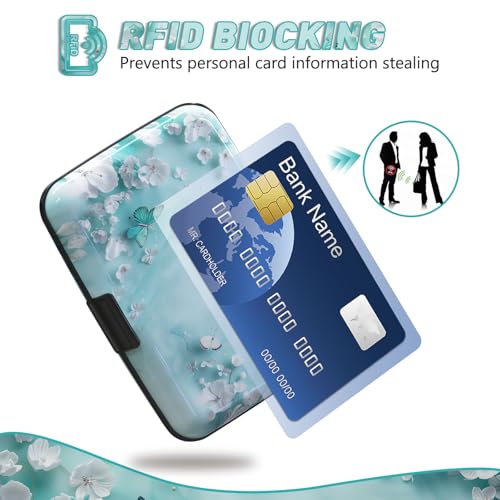 Credit Card Holder, Mini RFID Small Aluminum Card Wallet Business Card Case - color: Green Teal Butterfly