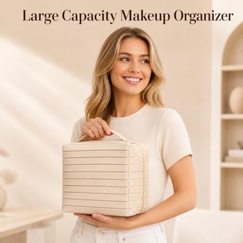 Fold Down Large Capacity Makeup Bag for Women, Foldable Travel Makeup Organizer with Compartments, Lay Flat Waterproof Cosmetic Toiletry Bag for Brushes and Skincare (Light Blue) - color: Light Blue