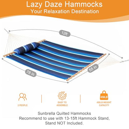 Lazy Daze 12 FT Sunbrella Fabric Hammock, Non-Fading Double Outdoor Hammock - color: Gateway Indigo