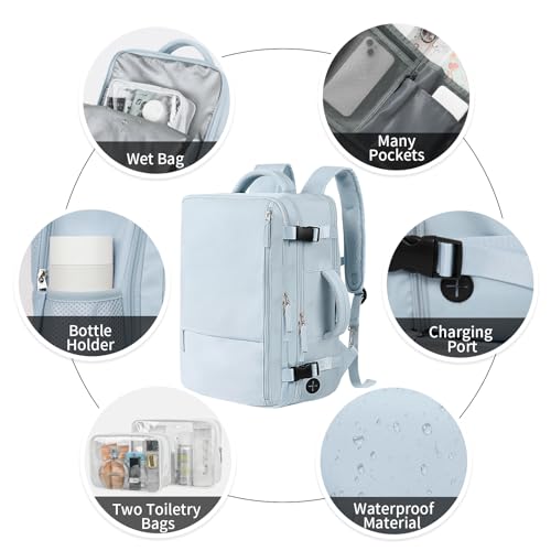Hanples Large Travel Backpack for Women, 35L Carry on Luggage Backpack,17 Inch Laptop Backpack with USB Charging Port, Waterproof Casual Bag Gift for Men with 2 Toiletry Bags (Light Blue) - color: Light Blue