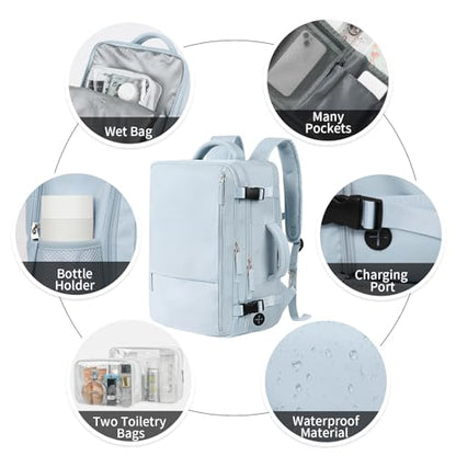 Hanples Large Travel Backpack for Women, 35L Carry on Luggage Backpack,17 Inch Laptop Backpack with USB Charging Port, Waterproof Casual Bag Gift for Men with 2 Toiletry Bags (Light Blue) - color: Light Blue