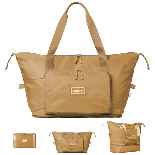 The Foldie Foldable Travel Bag for Women - 40L Weekender Bag with Multiple Pockets - Carry On Expendable Travel Bag - color: Cognac