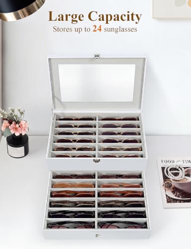 Sunglasses Storage Organizer Case with 24 Adjustable Slots, 2 Layer Multi Eyeglass Glasses Display Box with Lid Women - color: Off White,24 Slots