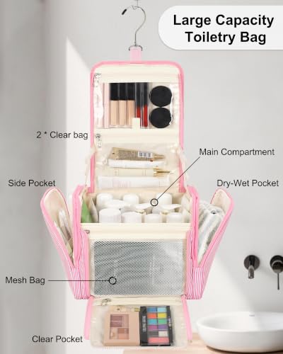 TANTO Hanging Toiletry Bag for Women, Travel Makeup Bag Water Resistant - color: Pink