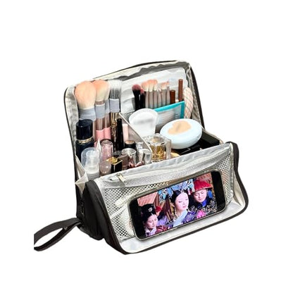 standing Makeup Bag, Compact Yet Spacious Cosmetic Organizer, Waterproof Toiletry Bag with Divider, Brush Holder, Upright Design & Phone/Mirror Holder, Portable Travel Case,black - color: black