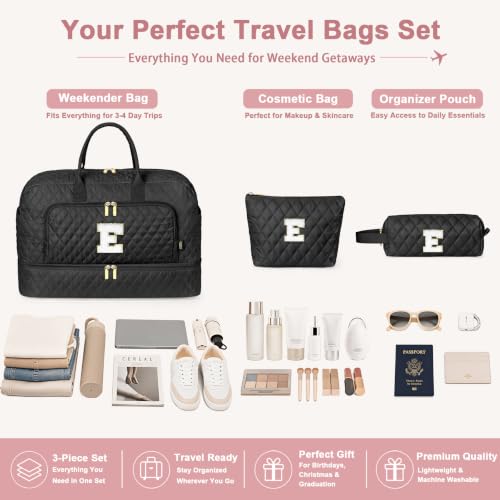 Girl Teen Women Birthday Gift Initial Weekender Bag for Women Overnight Bag - color: Black Diamond Quilted, style: E