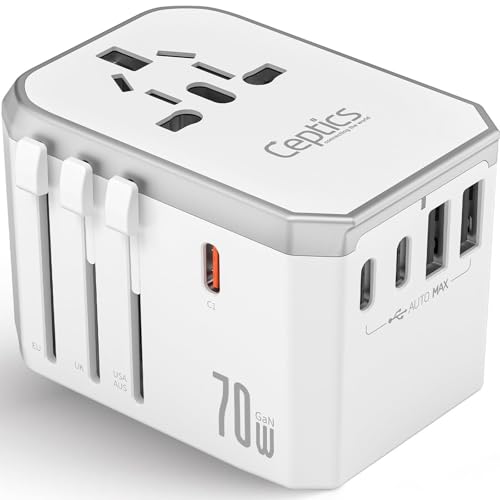 Ceptics Travel Adapter Worldwide, 70W GAN, 2 USB + 3 USB-C, Universal Input - color: White/Grey