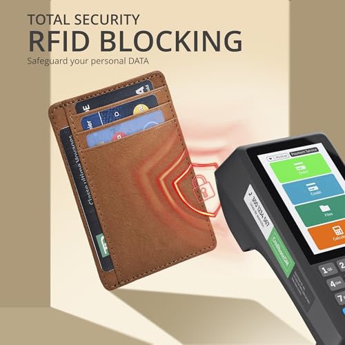 Slim Minimalist RFID Leather Wallet, Front Pocket Card Holder for Men - color: Cognac
