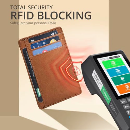 Slim Minimalist RFID Leather Wallet, Front Pocket Card Holder for Men - color: Cognac