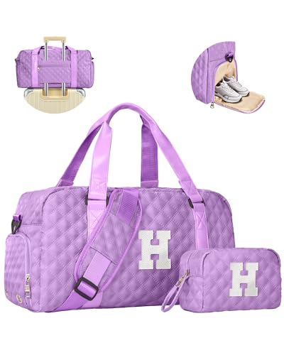 Duffle bag for girls 10-12, Girls Gift Bag Teens, Initial Travel Duffel Bag - color: purple, style: H