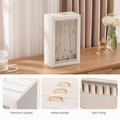 Lolalet Necklace Organizer Box, Jewelry Display Case, White, 3 Layers - color: White, size: 3 Layers, 30 Hooks