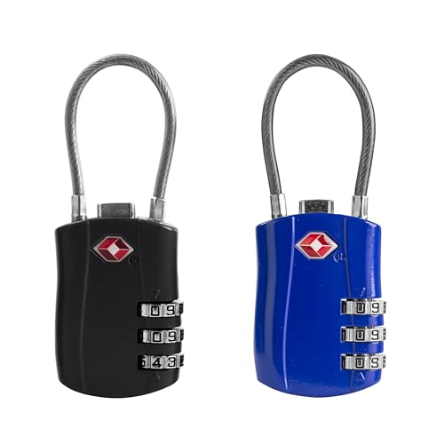 TSA Locks for Luggage, Small Padlock Combination with Cable, Luggage Locks TSA Approved, Combo Padlock with Code, for Travel Suitcase, Gym Locker, Gun Case, Backpack Zipper (Black+Blue) - color: Black+Blue
