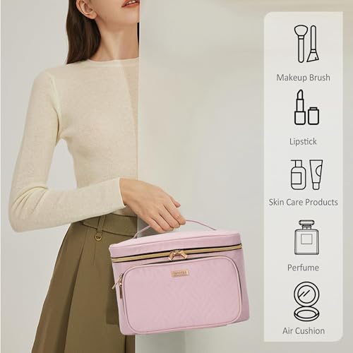 Travel Makeup Bag with Jewelry Organizer, Large Cosmetic Case, Waterproof Toiletry Bag for Cosmetics, Brushes, and Tools, Pink - color: Pink