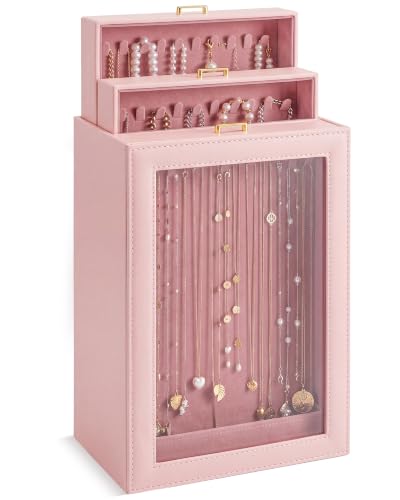 Huquary 3 Layer Vertical Necklace Organizer Box, Pink - color: Pink