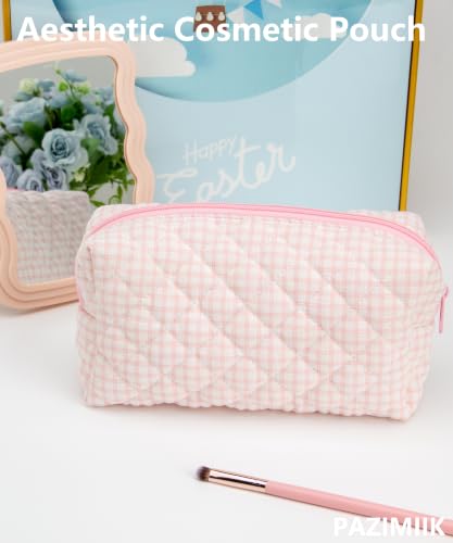 PAZIMIIK Small Quilted Makeup Bag,Zipper Cosmetic Pouch,Gingham Pink - color: Gingham Pink