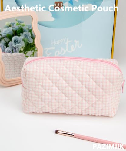 PAZIMIIK Small Quilted Makeup Bag,Zipper Cosmetic Pouch,Gingham Pink - color: Gingham Pink