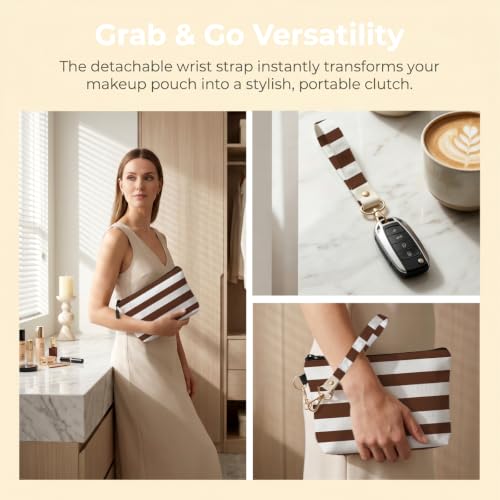 Fokongna Makeup Bag with Keychain Wristlet, Brown Stripes - color: Brown Stripes