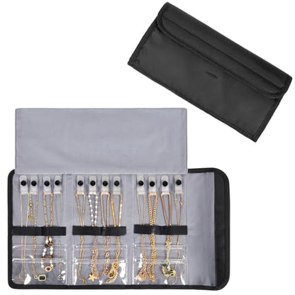 Travel Jewelry Organizer Case, Anti-Tangle Necklace Roll Bag with 12 Hooks & Clear Pockets, Foldable Chains Bracelets Storage for Women, Portable Lightweight Jewelry Holder