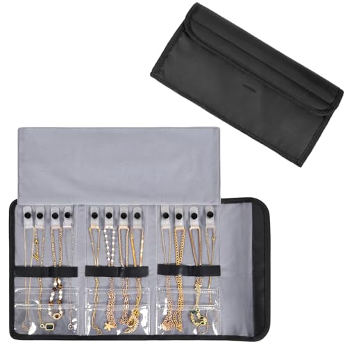 Travel Jewelry Organizer Case, Anti-Tangle Necklace Roll Bag with 12 Hooks & Clear Pockets, Foldable Chains Bracelets Storage for Women, Portable Lightweight Jewelry Holder