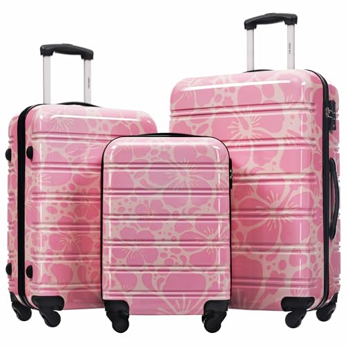 Merax Luggage Sets 3 Piece, Hardside Suitcase Set with Spinner Wheels - color: Pink Print, style: 3-piece Set(20/24/28)