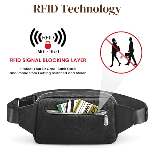 S-ZONE Leather Fanny Pack for Women RFID Blocking Crossbody Sling Bag - color: Black