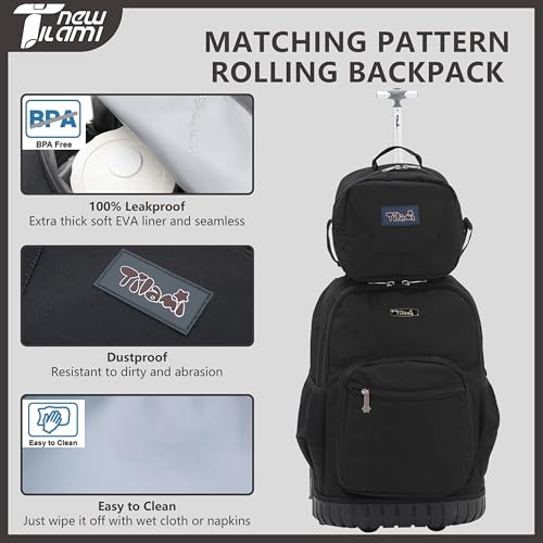 NEW TILAMI 16 Inch Rolling Backpack with Lunch Bag for Girls Boys School - color: Solid Black
