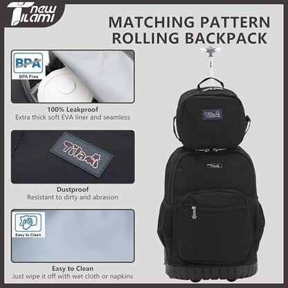 NEW TILAMI 16 Inch Rolling Backpack with Lunch Bag for Girls Boys School - color: Solid Black