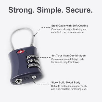 TSA Locks for Luggage, Small Combination Padlock with Cable, Luggage Locks TSA Approved for International Travel Essentials, Suitcase, Backpack Zipper, Locker, Flight Attendant Accessories - color: Black+Gray