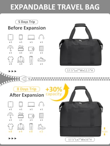 Capolo Expandable Travel Duffle Bag Weekender Overnight Bags for Women Men - color: Black, size: Large