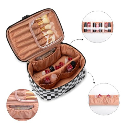 Wrangler Travel Makeup Bag 2pcs Set Cosmetic Bag with Makeup Brush Holder - color: Checkered-Black