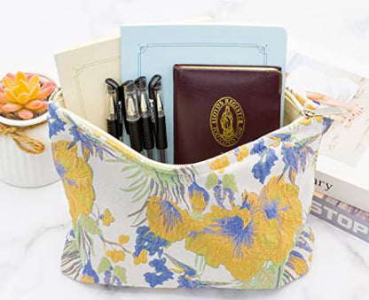 Flat Makeup Bag for Women,Zipper Cosmetic Pouch Purse,Brocade Flower Yellow - color: Brocade Flower Yellow