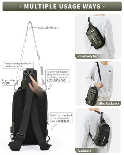 SEAFEW Small Sling Crossbody Backpack Shoulder Bag for Men Green | Lightweight Daypack One Strap Shoulder Bag for Men, Hiking, Walking, Biking, Travel, Cycling - color: Green-small