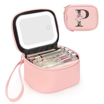 Relavel Mini Makeup Bag with Led Mirror, Initial Make Up Bag, Pink P - color: Pink, size: Mini with Letter, style: P