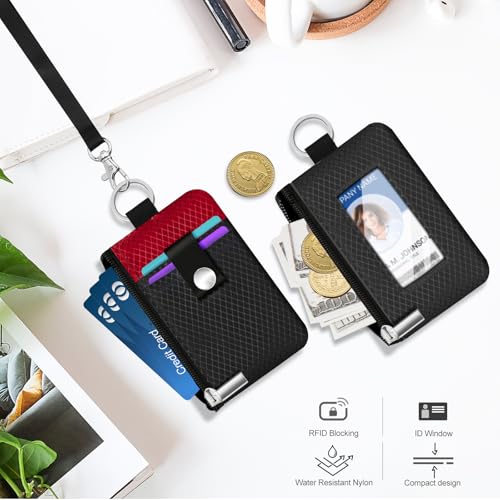 Minimalist RFID Blocking Small Wallet with ID Window,WaterResistant Zip Id Case Wallet with Lanyard Keychain for Cards,Cash,Travel,Women,Men (Black/Red) - color: Black/Red