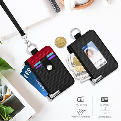 Minimalist RFID Blocking Small Wallet with ID Window,WaterResistant Zip Id Case Wallet with Lanyard Keychain for Cards,Cash,Travel,Women,Men (Black/Red) - color: Black/Red
