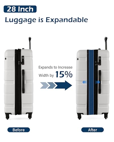 Coolife Large Checked Luggage Hardside Suitcase with Spinner Wheels, 28in | Expandable, Lightweight ABS+PC, Rolling Travel Suitcase with TSA Lock, Spinner Wheels, Durable Zipper, White - color: White, size: Large Checked(28in)
