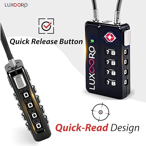 Tool-Less TSA Approved Luggage Lock with Alert Indicator, 4-Digit Resettable Combination, Durable Zinc Alloy Travel Locks for Suitcase, Backpack, Toolbox, Locker, Keyless – Black (2 Pack)