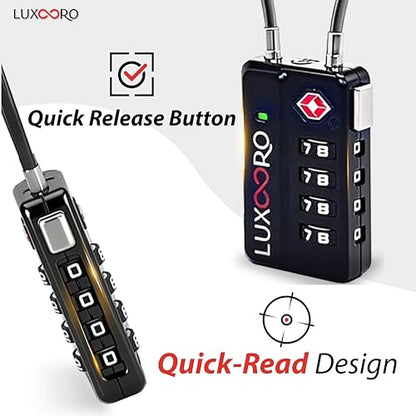 Tool-Less TSA Approved Luggage Lock with Alert Indicator, 4-Digit Resettable Combination, Durable Zinc Alloy Travel Locks for Suitcase, Backpack, Toolbox, Locker, Keyless – Black (2 Pack)