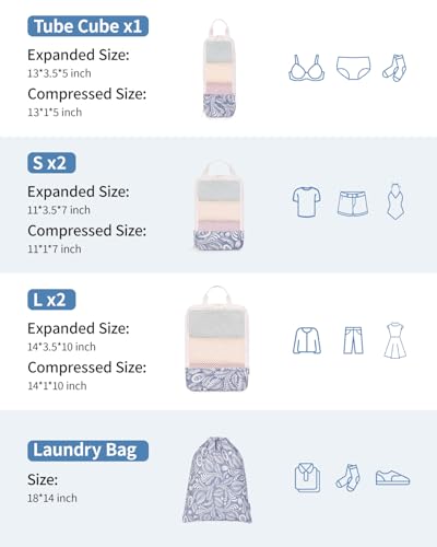 Narwey Compression Packing Cubes for Travel, Cute Luggage Organizer Bags - color: Y-Blue Leaf