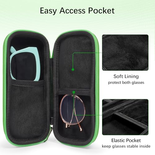 Double Eyeglasses Case for Dual Sunglasses, Hard Shell with Zipper - color: Green