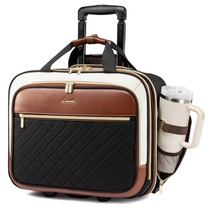 LOVEVOOK Rolling Laptop Bag for Women, Underseat Carry On Bag with Wheels - color: Black-Brown-White