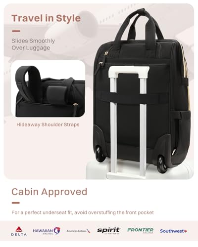 Rolling Puffer Backpack for Women, Travel Backpack with Wheels, 16 Inch Wheeled Laptop Backpck, Dual-Opening Design Overnight College Underseat Carry on Luggage, Roller Business Work Bag, Black - color: Horizontal Quilt Black